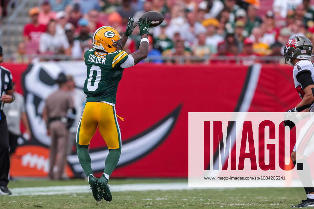 Oct 4, 2026; Tampa, FL, USA; Green Bay Packers wide receiver Matthew Golden (0) catches a pass from quarterback Jordan Love (10) during the NFL, American Football Herren, USA game between the Green Bay Packers and Tampa Bay Buccaneers at Raymond James Stadium. Mandatory Credit: Taylor McFee-Cal Media NFL 2026: Packers Vs Buccaneers OCT 04 - ZUMAc04_ 20261004_zma_c04_667