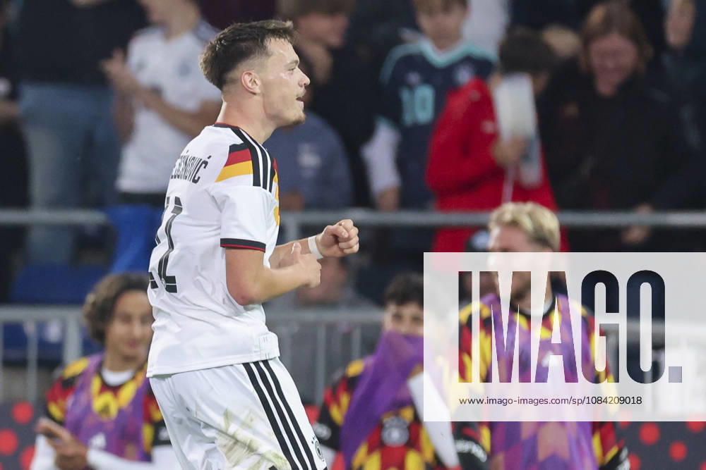 Dzenan Pejcinovic (Germany) celebrates after scoring his teams second goal during the UEFA Under21 EURO Qualifier, EM, Europameisterschaft between Germany U21, U 21 and Georgia U21 at Almstadion on October 6, 2026 in Bielefeld, Germany. (Photo by Marco Steinbrenner DeFodi Images) -