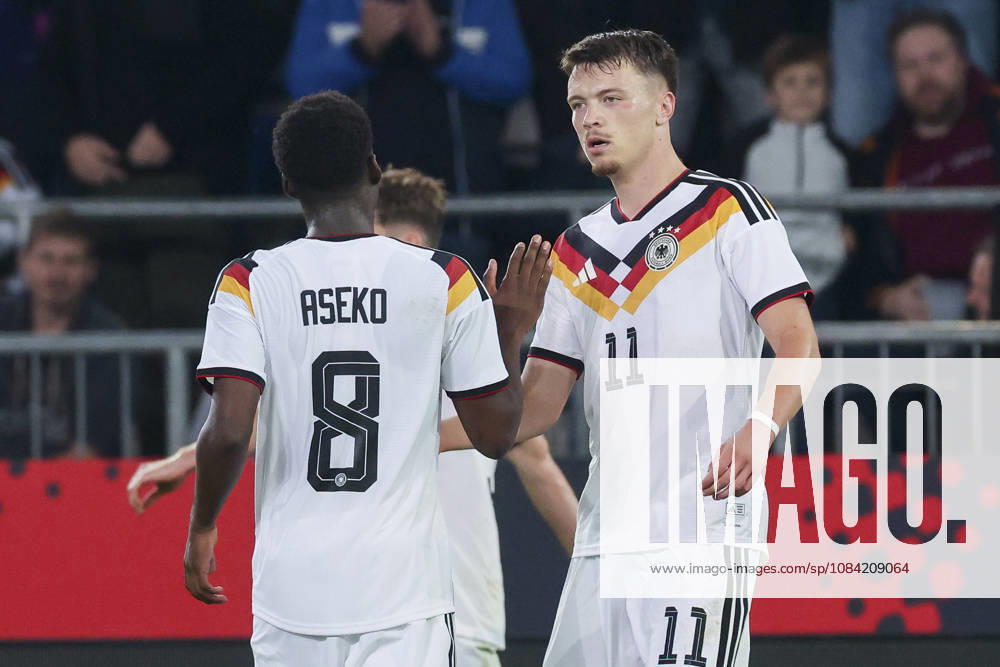 Dzenan Pejcinovic (Germany) celebrates after scoring his teams second goal with Noel Aseko (Germany) during the UEFA Under21 EURO Qualifier, EM, Europameisterschaft between Germany U21, U 21 and Georgia U21 at Almstadion on October 6, 2026 in Bielefeld, Germany. (Photo by Marco Steinbrenner DeFodi Images) -