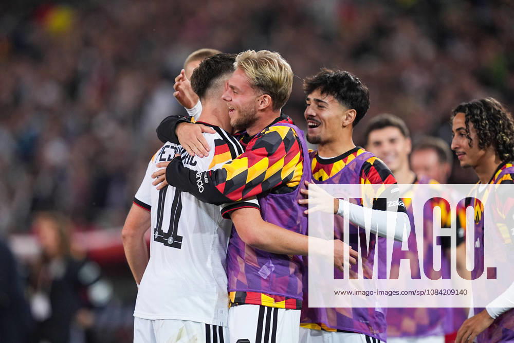Herren, Fußball, Länderspiel, U21, U 21 EM-Qualifikation, Deutchland - Georgien, Saison 2026 2027, Schüco Arena: Torjubel nach dem Tor zum 2:0 für Deutschland durch Torschütze Dzenan Pejcinovic (GER, 11) zusammen mit Leandro Morgalla (GER, 6) DFB regulations prohibit any use of photographs as image sequences and or quasi-video.