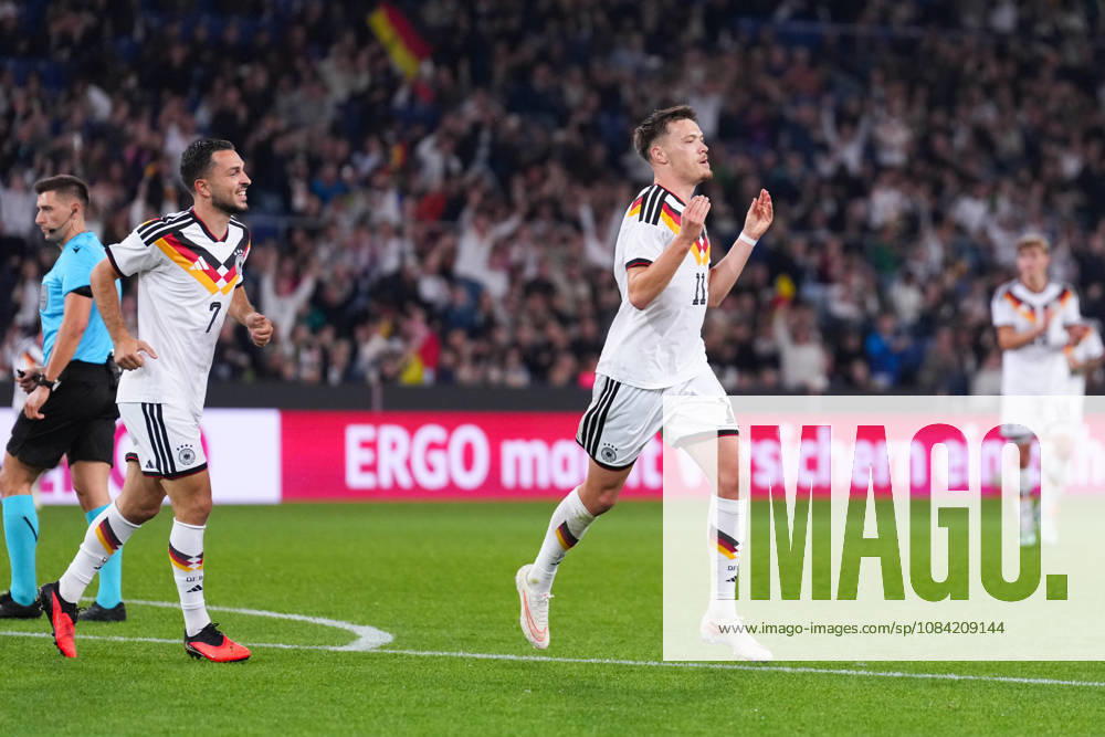 Herren, Fußball, Länderspiel, U21, U 21 EM-Qualifikation, Deutchland - Georgien, Saison 2026 2027, Schüco Arena: Torjubel nach dem Tor zum 2:0 für Deutschland durch Torschütze Dzenan Pejcinovic (GER, 11) zusammen mit Arijon Ibrahimovic (GER, 7) DFB regulations prohibit any use of photographs as image sequences and or quasi-video.