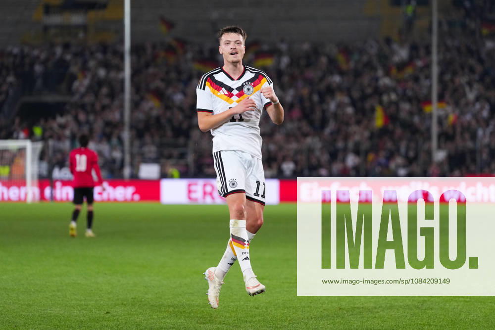 Herren, Fußball, Länderspiel, U21, U 21 EM-Qualifikation, Deutchland - Georgien, Saison 2026 2027, Schüco Arena: Torjubel nach dem Tor zum 2:0 für Deutschland durch Torschütze Dzenan Pejcinovic (GER, 11) DFB regulations prohibit any use of photographs as image sequences and or quasi-video.