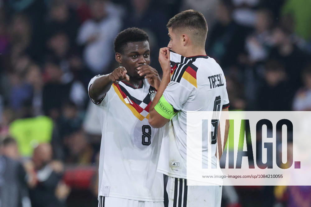 Noel Aseko (Germany) und Nicolo Tresoldi (Germany) talk together during the UEFA Under21 EURO Qualifier, EM, Europameisterschaft between Germany U21, U 21 and Georgia U21 at Almstadion on October 6, 2026 in Bielefeld, Germany. (Photo by Marco Steinbrenner DeFodi Images) -