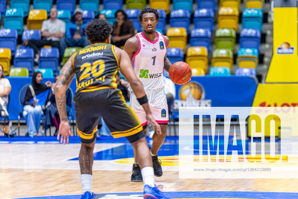 Isaiah Swope (Skyliners Frankfurt, 1) with ball against Dayvion McKnight (BC Siauliai, 20) during the BKT EuroCup 2026 27, match between Frankfurt Skyliners vs. BC Siauliai at Suewag Energie Arena on October 6, 2026 in Frankfurt am Main, Germany. Hessen Germany