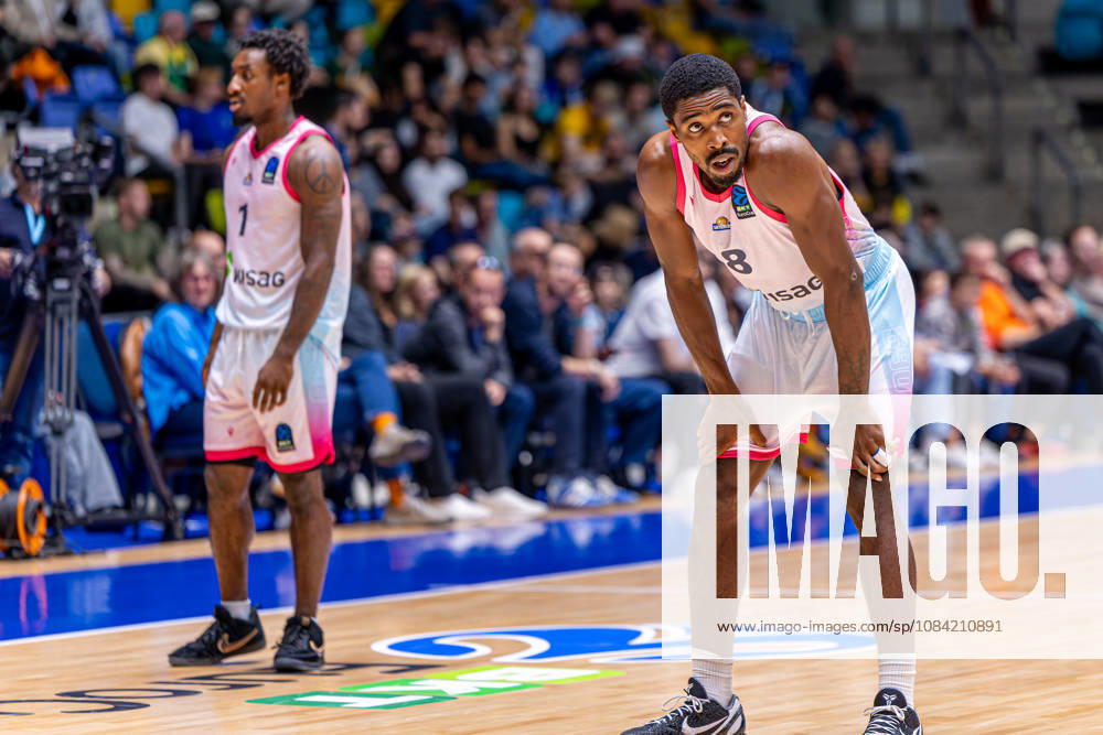 Isaiah Swope (Skyliners Frankfurt, 1) and William Christmas (Skyliners Frankfurt, 8) during the BKT EuroCup 2026 27, match between Frankfurt Skyliners vs. BC Siauliai at Suewag Energie Arena on October 6, 2026 in Frankfurt am Main, Germany. Hessen Germany