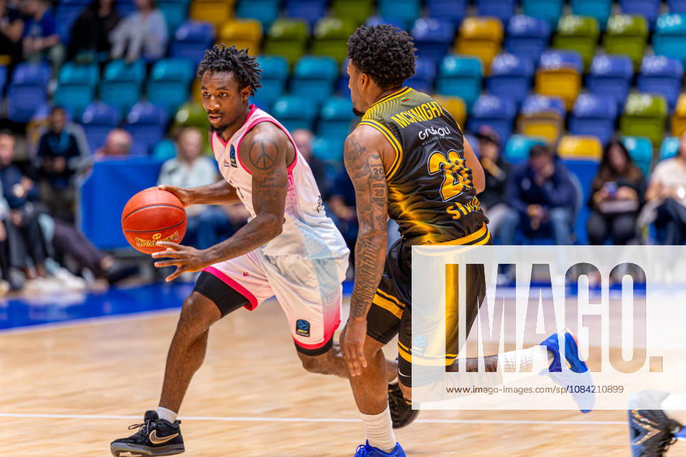 Isaiah Swope (Skyliners Frankfurt, 1) with ball against Dayvion McKnight (BC Siauliai, 20) during the BKT EuroCup 2026 27, match between Frankfurt Skyliners vs. BC Siauliai at Suewag Energie Arena on October 6, 2026 in Frankfurt am Main, Germany. Hessen Germany
