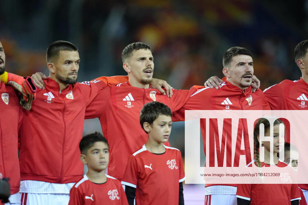 Andrej Stojchevski (4 MKD) during National anthem before the UEFA Nations League match between Switzerland and North Macedonia at thermoplan arena on October 06, 2026 in Luzern, Switzerland.