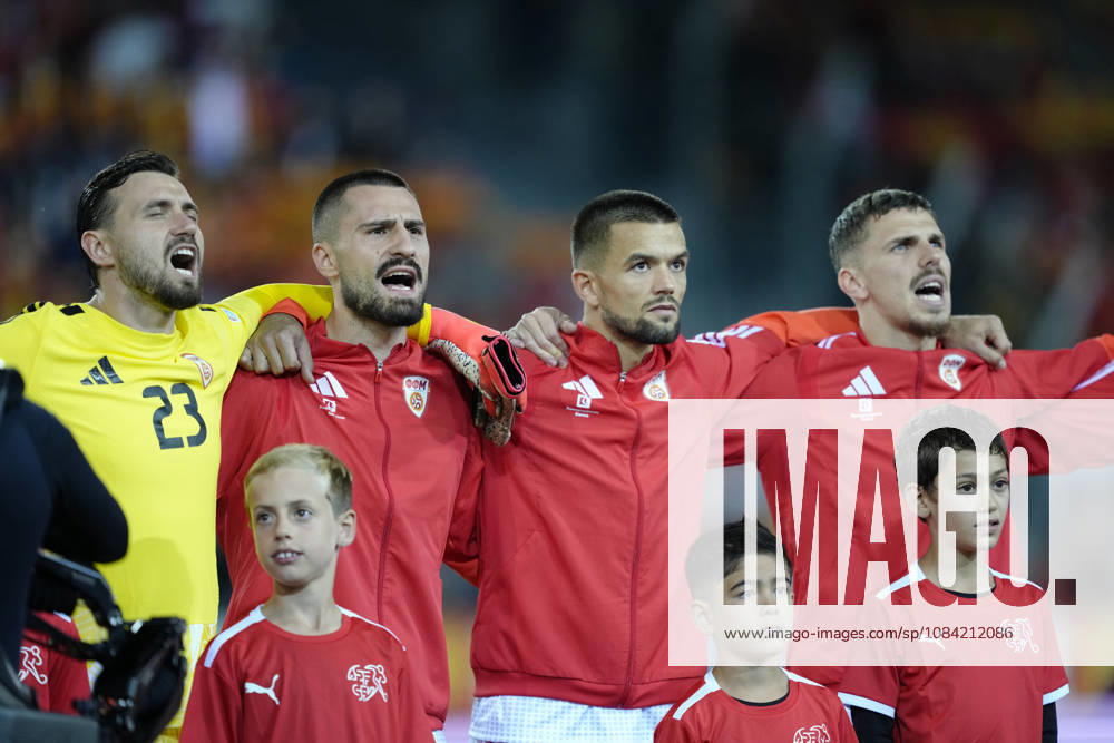 Stole Dimitrievski (Goalkeeper 23 MKD) and Andrej Stojchevski (4 MKD) during National anthem before the UEFA Nations League match between Switzerland and North Macedonia at thermoplan arena on October 06, 2026 in Luzern, Switzerland.