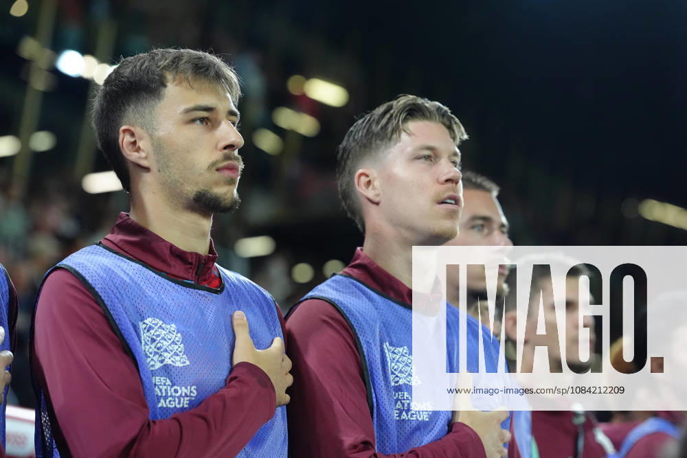 Adrian Bajrami (3 SUI) and Anthony Racioppi (Goalkeeper 1 SUI) during National anthem before the UEFA Nations League match between Switzerland and North Macedonia at thermoplan arena on October 06, 2026 in Luzern, Switzerland.