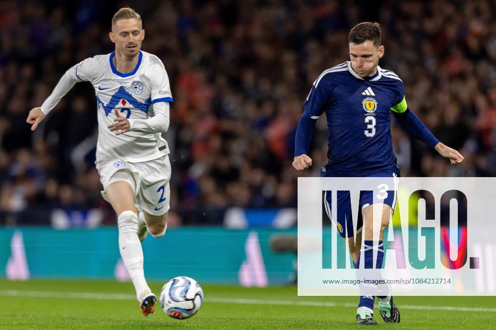 Scotland v Slovenia, UEFA Nations League Andy Robertson of Scotland national team, Nationalteam plays the ball in front of Žan KarniÄnik of Slovenia during the UEFA Nations League League B Group B1 between Scotland and Slovenia. Barclays Hampden, Hampden Park, Glasgow, Scotland. 6 October 2026. Hampden Park Barclays Hampden Glasgow Scotland Editorial use only ,