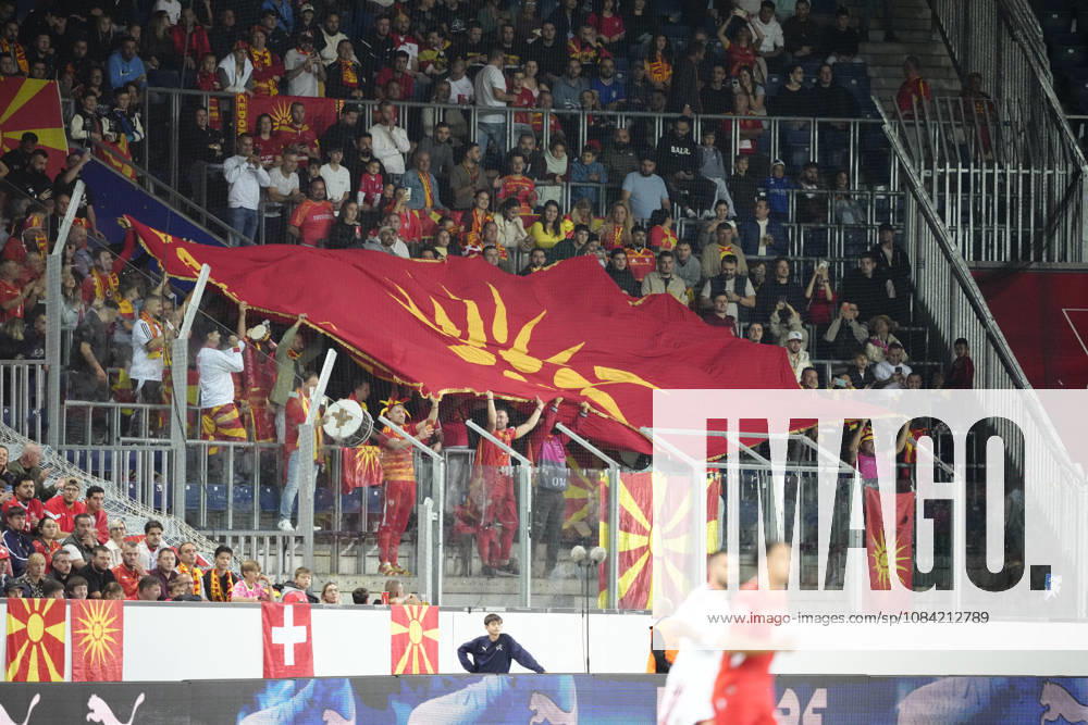 Fans of North Macedonia with a big flag during the UEFA Nations League match between Switzerland and North Macedonia at thermoplan arena on October 06, 2026 in Luzern, Switzerland.