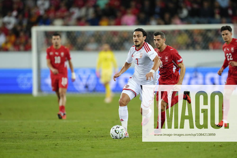 Eljif Elmas (7 MKD) against Remo Freuler (8 SUI) during the UEFA Nations League match between Switzerland and North Macedonia at thermoplan arena on October 06, 2026 in Luzern, Switzerland.