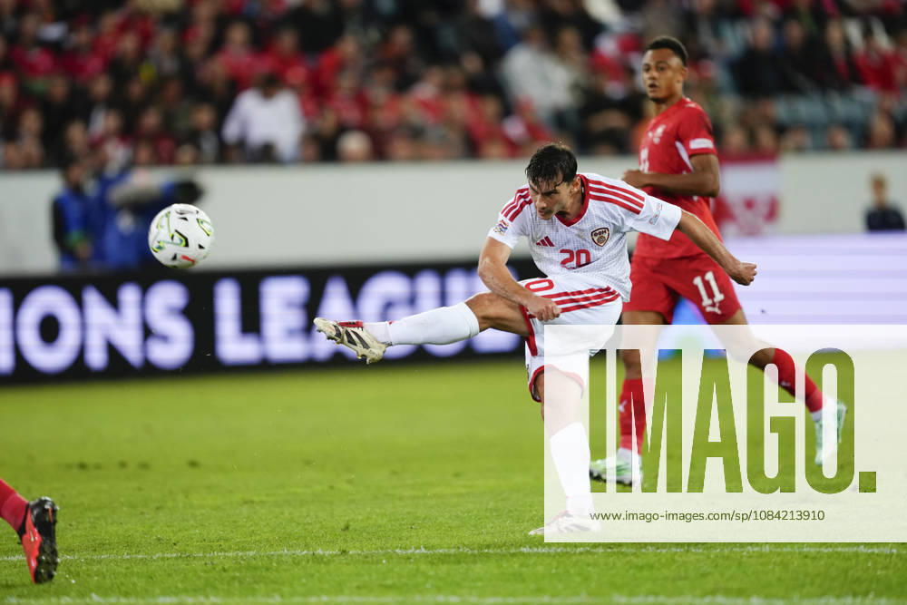 Dimitar Mitrovski (20 MKD) shoots the ball during the UEFA Nations League match between Switzerland and North Macedonia at thermoplan arena on October 06, 2026 in Luzern, Switzerland.
