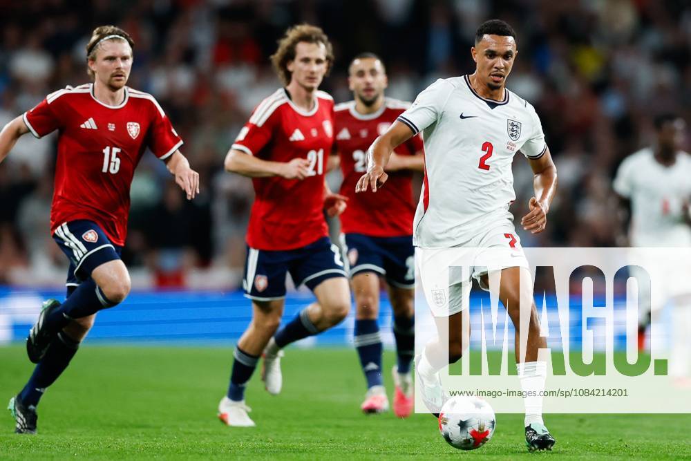 Trent Alexander-Arnold of England dribbles away from Alex Kral and Pavel Sulc of Czechia England v Czechia, UEFA Nations League, Football, Wembley Stadium, London, UK - 06 Oct 2026London Wembley Stadium United Kingdom