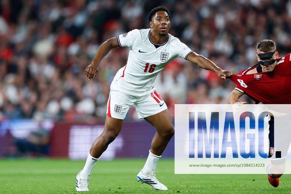 Myles Lewis-Skelly of England tugs on the shirt of Michal Sadilek of Czechia England v Czechia, UEFA Nations League, Football, Wembley Stadium, London, UK - 06 Oct 2026London Wembley Stadium United Kingdom