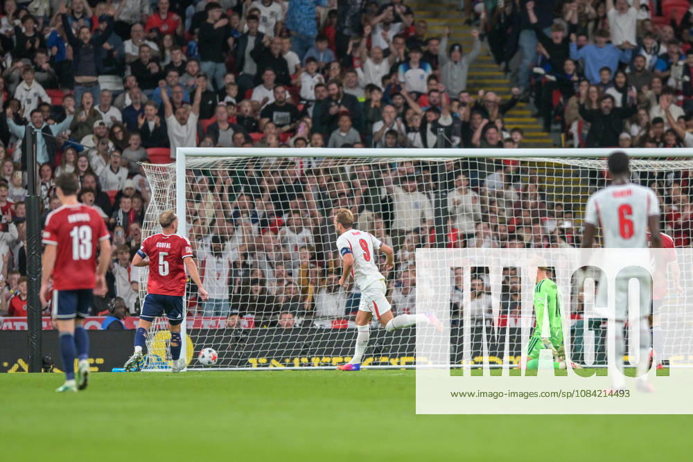 Harry Kane of England scores close to the end of the first half during the Nations League match between England and Czechia at Wembley Stadium, London, England on 6 October 2026.