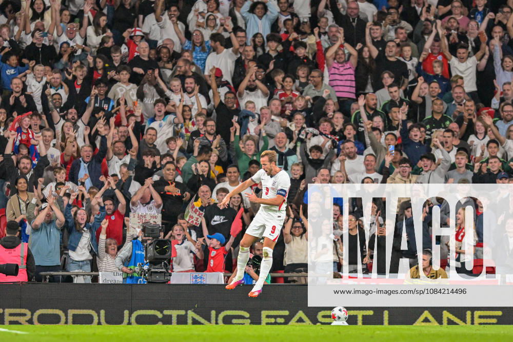 Harry Kane of England celebrates scoring close to the end of the first half during the Nations League match between England and Czechia at Wembley Stadium, London, England on 6 October 2026.