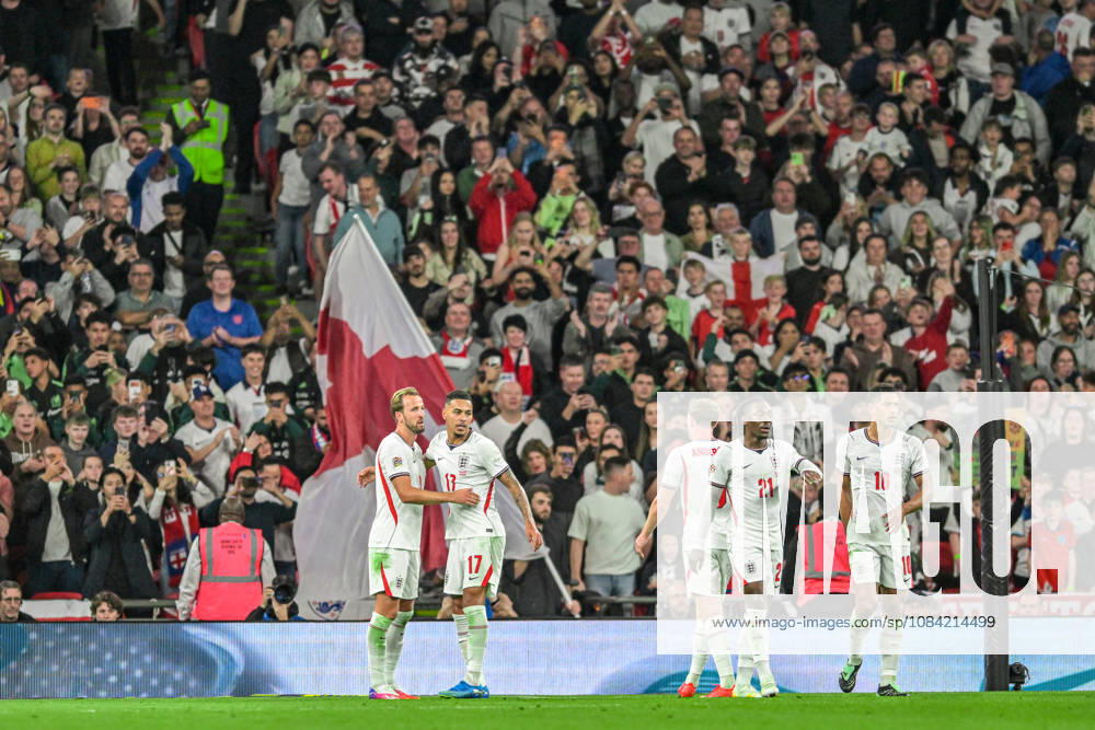 Harry Kane of England and his team celebrate his scoring close to the end of the first half during the Nations League match between England and Czechia at Wembley Stadium, London, England on 6 October 2026.