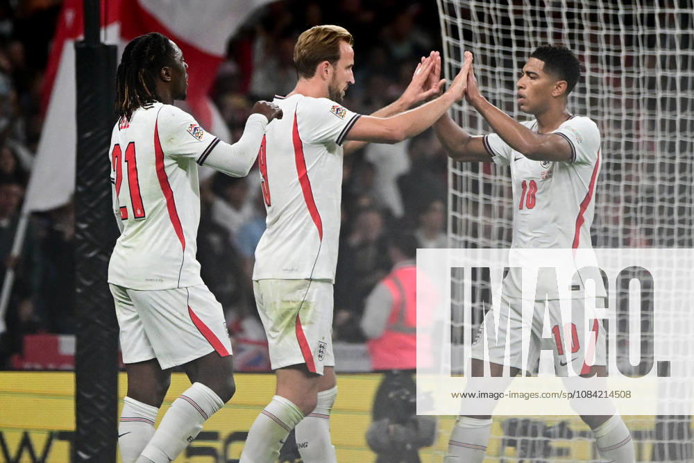 England v Czechia, UEFA Nations League GOAL England forward Harry Kane (9) scores a goal and celebrates with England midfielder Jude Bellingham (10) and England midfielder Ebereche Eze (21) 2-0 during the UEFA Nations League match between England and Czechia at Wembley Stadium, London, UK on 6 October 2026. London Wembley Stadium Greater London UK Editorial use only ,