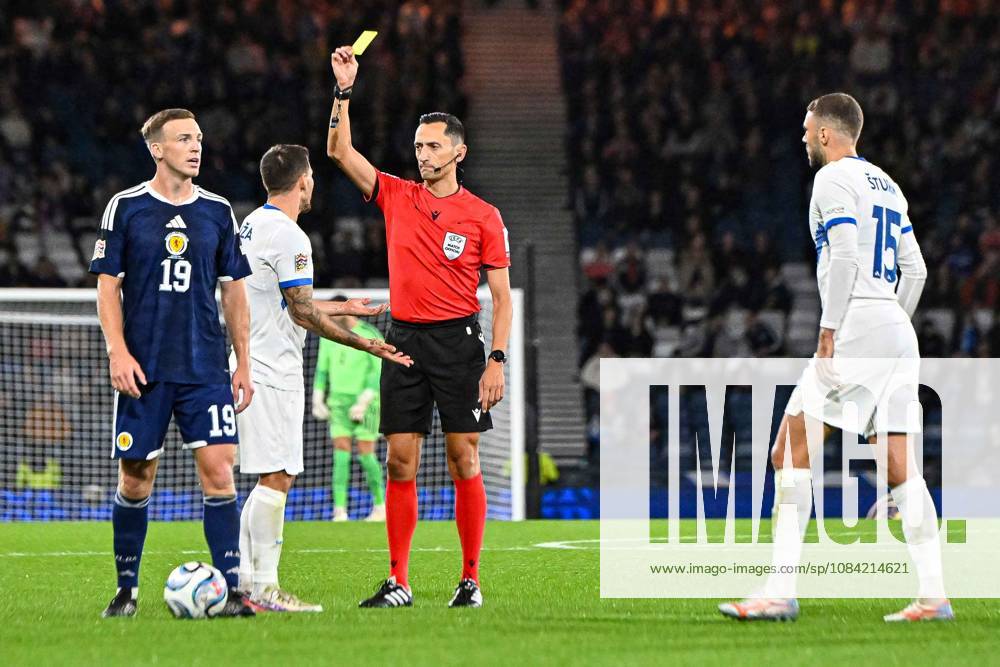 Scotland v Slovenia UEFA Nations League Erik Janza of Slovenia is shown a yellow card by the match referee Josà Maria Sanchez Santos during the UEFA Nations League match at Barclays Hampden, Glasgow 06 10 2026 UK Newspapers OUT