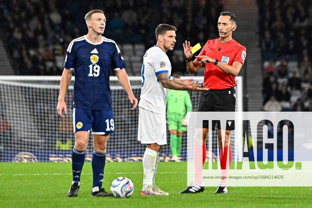 Scotland v Slovenia UEFA Nations League Erik Janza of Slovenia is shown a yellow card by the match referee Josà Maria Sanchez Santos during the UEFA Nations League match at Barclays Hampden, Glasgow 06 10 2026 UK Newspapers OUT