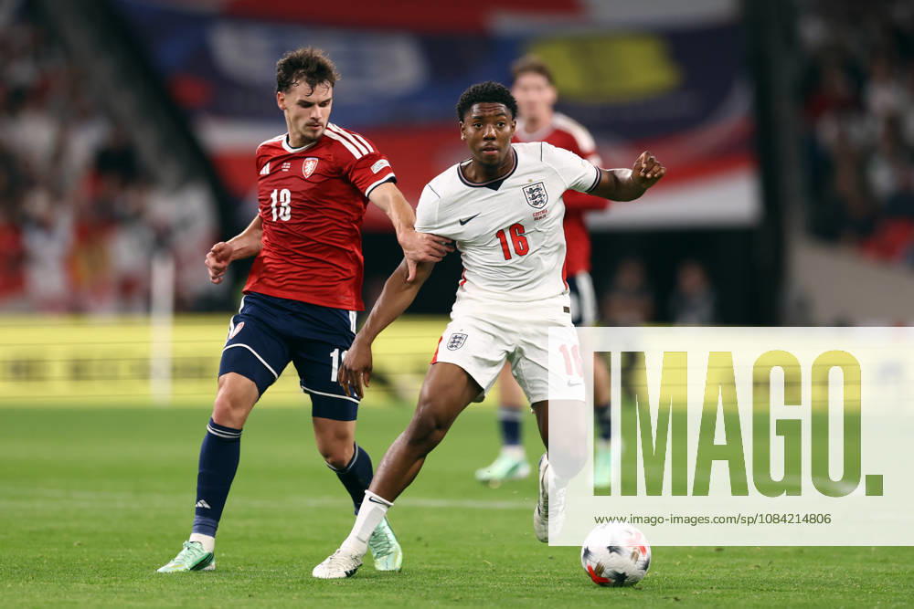 England v Czechia 06 October 2026, Wembley - UEFA Nations League - England v Czechia - Matej Radosta of Czechia and Myles Lewis-Skelly of England - Photo: Jacques Feeney Offside. London UK