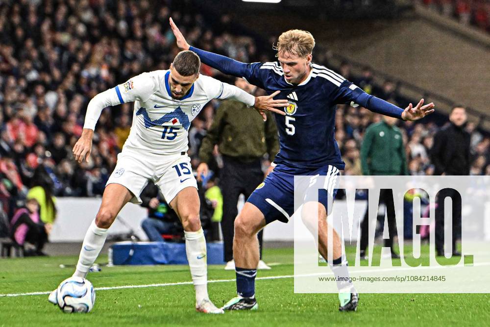 Scotland v Slovenia UEFA Nations League Stephen Welsh of Scotland and Danijel Sturm of Slovenia during the UEFA Nations League match at Barclays Hampden, Glasgow 06 10 2026 UK Newspapers OUT