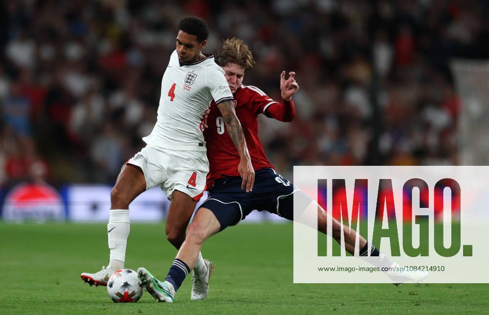Jarell Quansah of England with Ryan Naderi of Czechia England v Czech Republic - UEFA Nations League - League A - Group 3. Football. Wembley Stadium, London, UK. 6 OCT 2026Wembley Wembley Stadium LONDON United Kingdom