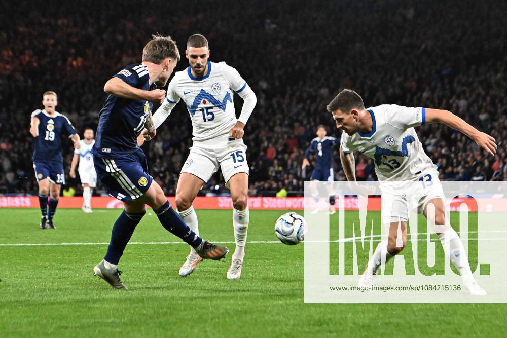 Scotland v Slovenia UEFA Nations League Ben Gannon-Doak of Scotland crosses the ball past Danijel Sturm and Erik Janza of Slovenia during the UEFA Nations League match at Barclays Hampden, Glasgow 06 10 2026 UK Newspapers OUT
