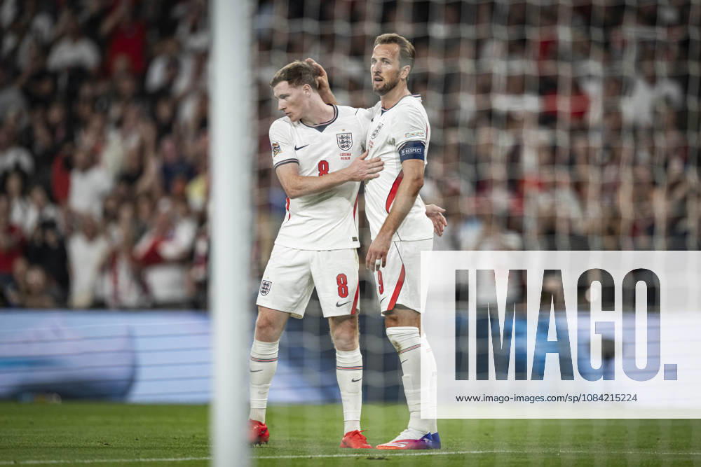 6th October 2026; Wembley Stadium, London, England; UEFA Nations League Football, England versus Czech Republic; Harry Kane of England celebrates with Elliot Anderson afterscoring past Lukas Hornicek of Czech Republic in the 40th minute to make the score 2-0 GodfreyxPitt