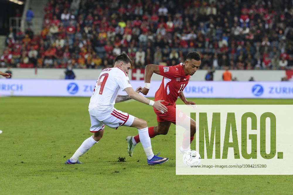Dan Ndoye (11 SUI) against Ljupche Doriev (19 MKD) during the UEFA Nations League match between Switzerland and North Macedonia at thermoplan arena on October 06, 2026 in Luzern, Switzerland.