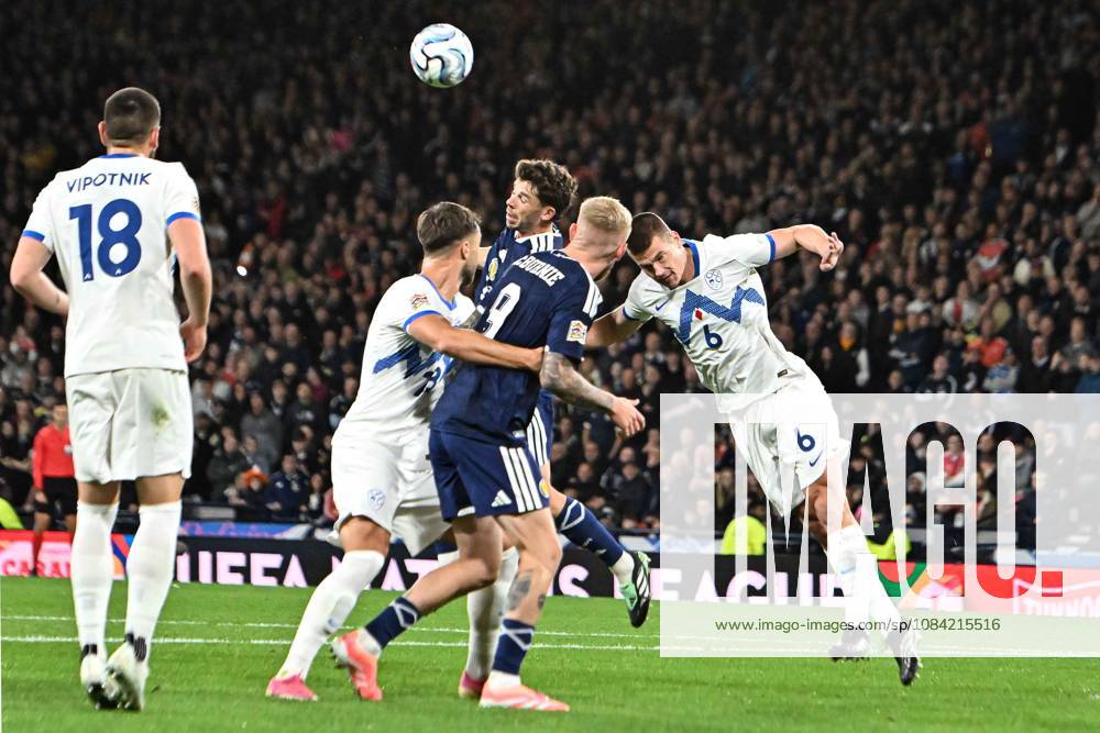 Scotland v Slovenia UEFA Nations League Ryan Christie of Scotland battles for the ball with Jaka Bijol of Slovenia in the air during the UEFA Nations League match at Barclays Hampden, Glasgow 06 10 2026 UK Newspapers OUT