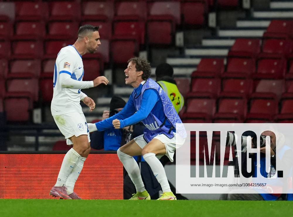 Aljosa Matko of Slovenia celebrates with team mates after scoring to tie the game 1-1. Scotland v Slovenia, Football, UEFA Nation s League, Group B1, Hampden Park, Glasgow, UK, Hampden Park, Glasgow, Scotland, Scotland, UK - 06 Oct 2026Glasgow Hampden Park Scotland United Kingdom