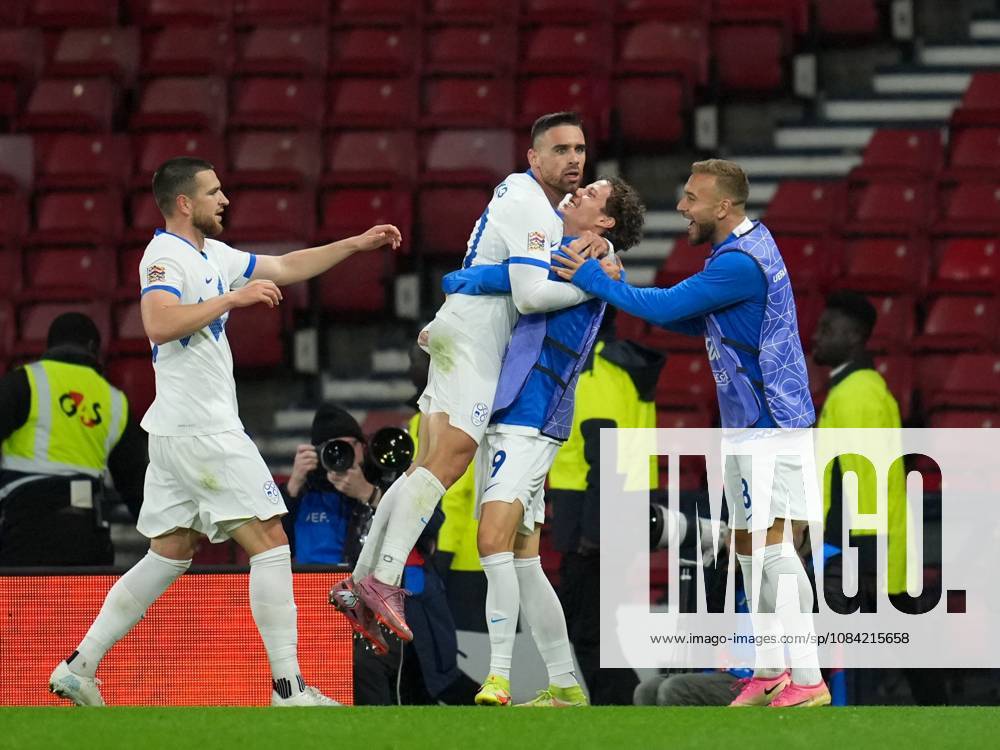 Aljosa Matko of Slovenia celebrates with team mates after scoring to tie the game 1-1. Scotland v Slovenia, Football, UEFA Nation s League, Group B1, Hampden Park, Glasgow, UK, Hampden Park, Glasgow, Scotland, Scotland, UK - 06 Oct 2026Glasgow Hampden Park Scotland United Kingdom