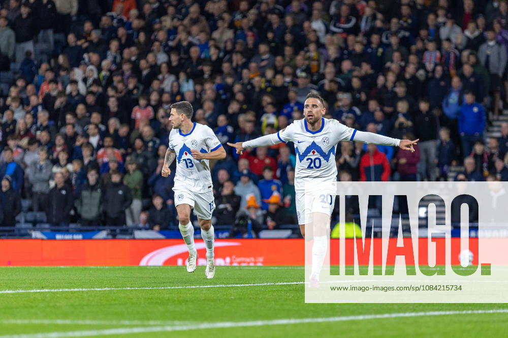 6th October 2026; Hampden Park, Glasgow, Scotland; UEFA Nations League Football, Scotland versus Slovenia; Aljosa Matko of Slovenia celebrates after he shoots and scores in the 56th minute to make it 1-1 VagelisxGeorgariou