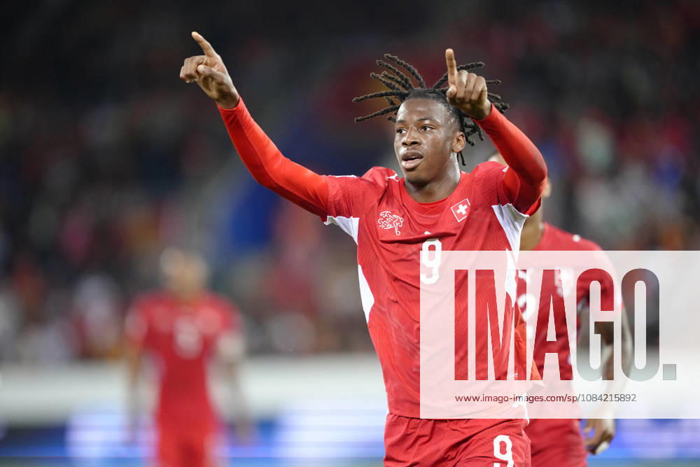 Johan Manzambi (9 SUI) celebrates his goal during the UEFA Nations League match between Switzerland and North Macedonia at thermoplan arena on October 06, 2026 in Luzern, Switzerland.