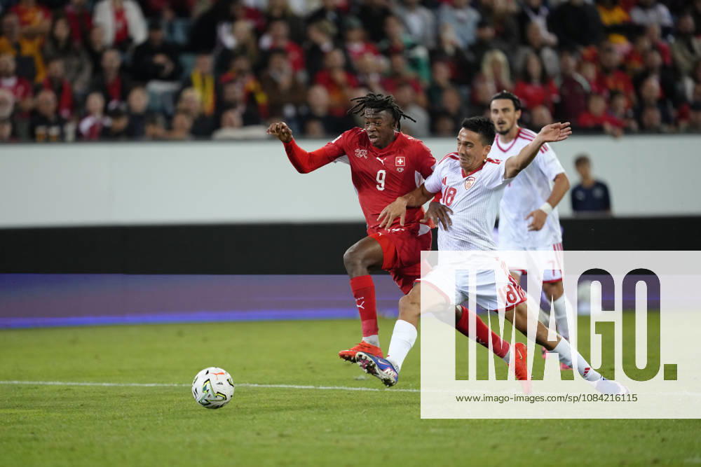 Johan Manzambi (9 SUI) against Tihomir Kostadinov (18 MKD) during the UEFA Nations League match between Switzerland and North Macedonia at thermoplan arena on October 06, 2026 in Luzern, Switzerland.