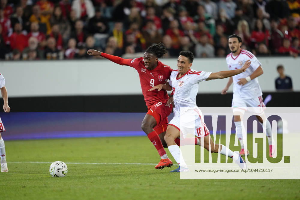Johan Manzambi (9 SUI) against Tihomir Kostadinov (18 MKD) during the UEFA Nations League match between Switzerland and North Macedonia at thermoplan arena on October 06, 2026 in Luzern, Switzerland.
