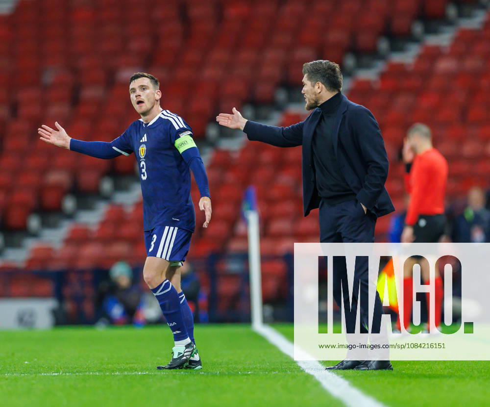 Scotland v Slovenia, UEFA Nations League, League B Group 1 : Seb Pocognoli and Andy Robertson have touchline disagreement