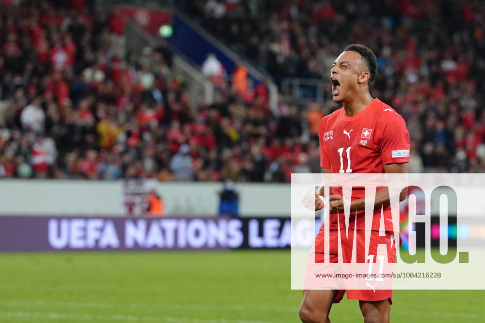 Dan Ndoye (11 SUI) celebrates his goal during the UEFA Nations League match between Switzerland and North Macedonia at thermoplan arena on October 06, 2026 in Luzern, Switzerland.