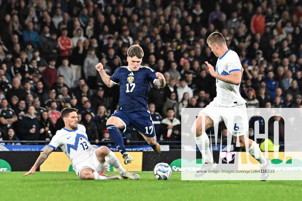 Scotland v Slovenia UEFA Nations League Ben Gannon-Doak of Scotland and Erik Janza and Jaka Bijol of Slovenia during the UEFA Nations League match at Barclays Hampden, Glasgow 06 10 2026 UK Newspapers OUT