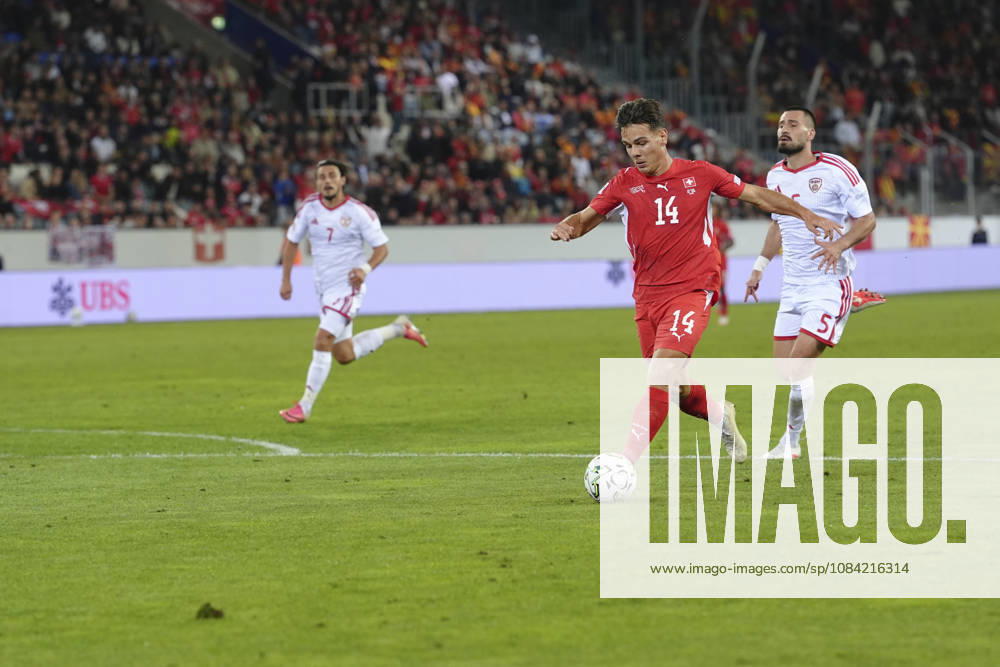 Ardon Jashari (14 SUI) against Gjoko Zajkov (5 MKD) during the UEFA Nations League match between Switzerland and North Macedonia at thermoplan arena on October 06, 2026 in Luzern, Switzerland.
