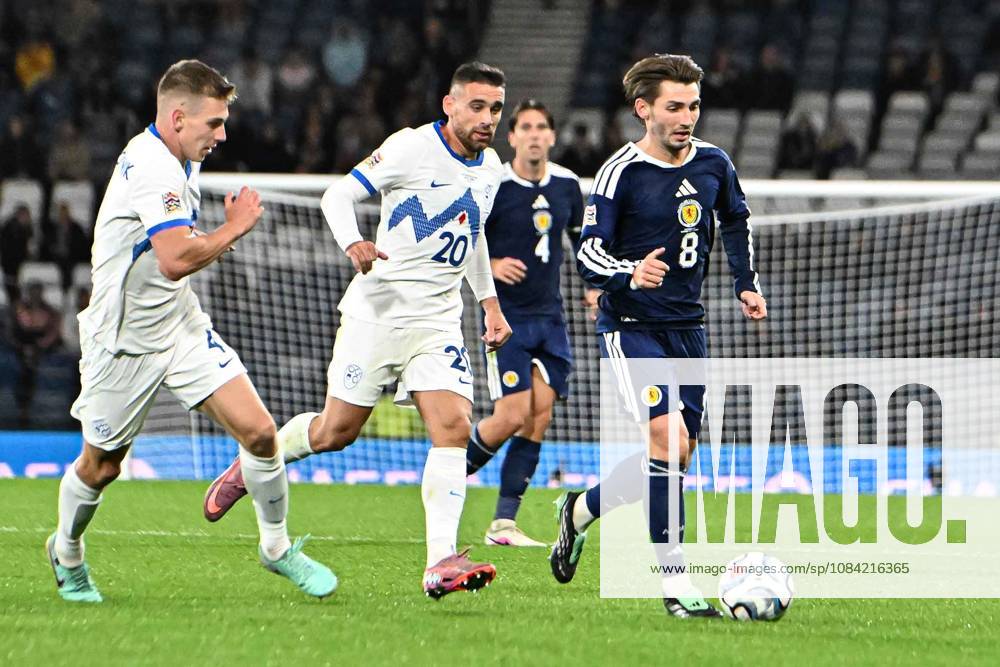 Scotland v Slovenia UEFA Nations League Billy Gilmour of Scotland and Alijosa Matko and Mark Zabukovnik of Slovenia during the UEFA Nations League match at Barclays Hampden, Glasgow 06 10 2026 UK Newspapers OUT