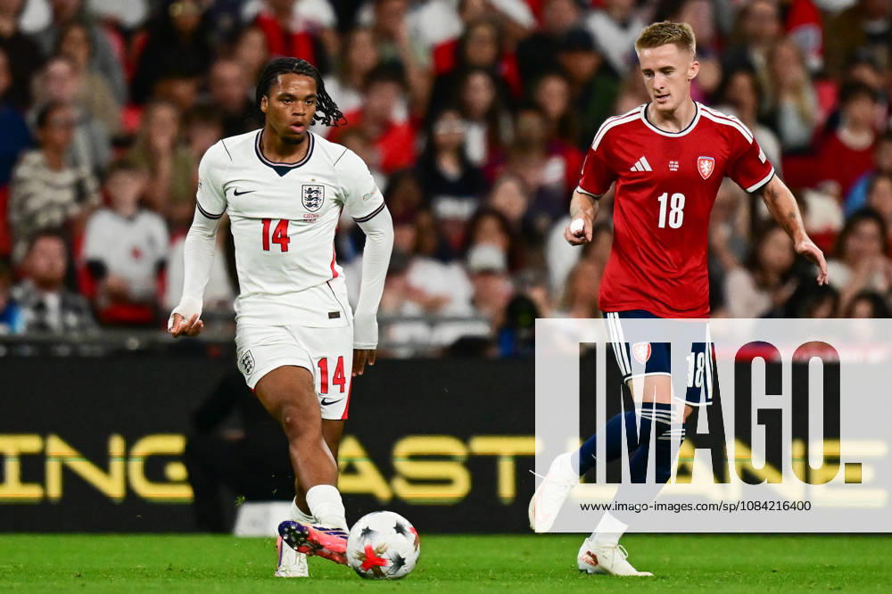 England v Czechia, UEFA Nations League England midfielder Rio Ngumoha (14) looks to release the ball under pressure from Czechia midfielder Matej Radosta (18) during the UEFA Nations League match between England and Czechia at Wembley Stadium, London, UK on 6 October 2026. London Wembley Stadium Greater London UK Editorial use only ,