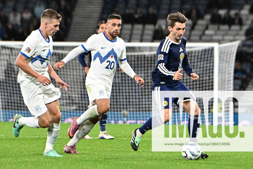 Scotland v Slovenia UEFA Nations League Billy Gilmour of Scotland and Alijosa Matko and Mark Zabukovnik of Slovenia during the UEFA Nations League match at Barclays Hampden, Glasgow 06 10 2026 UK Newspapers OUT