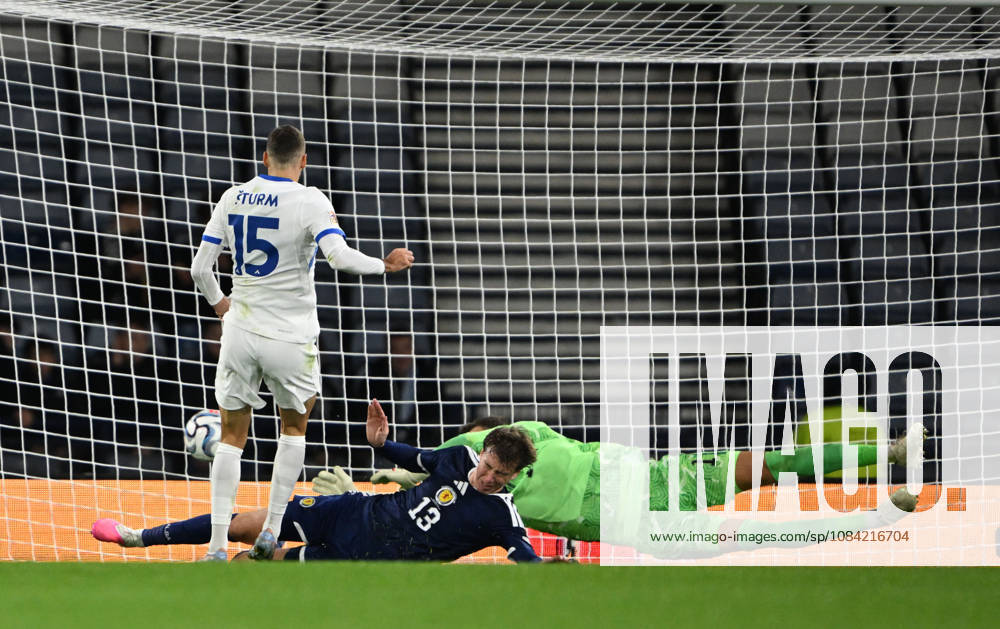 Glasgow, Scotland, 6th October 2026. Danijel Strum of Slovenia scores his sides 2nd goal during the Scotland vs Slovenia UEFA Nations League match at Hampden Park, Glasgow. Picture credit should read: Neil Hanna Sportimage . SPI_041_NH_Scotland_Slovenia SPI-5054-0040