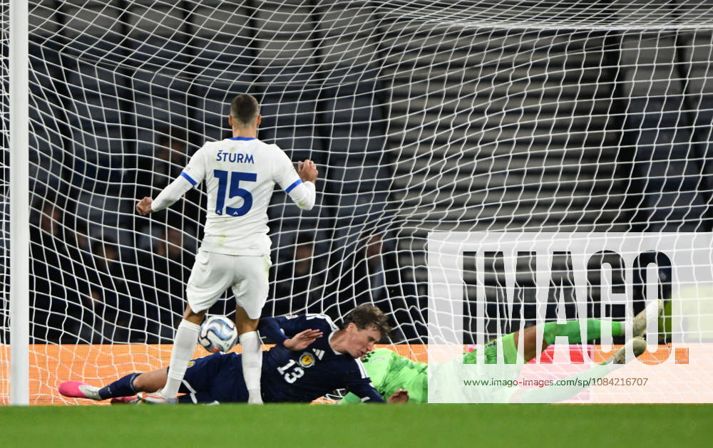 Glasgow, Scotland, 6th October 2026. Danijel Strum of Slovenia scores his sides 2nd goal during the Scotland vs Slovenia UEFA Nations League match at Hampden Park, Glasgow. Picture credit should read: Neil Hanna Sportimage . SPI_042_NH_Scotland_Slovenia SPI-5054-0041