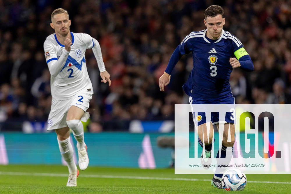 Scotland v Slovenia, UEFA Nations League Andy Robertson of Scotland national team, Nationalteam gets away from Žan KarniÄnik of Slovenia during the UEFA Nations League League B Group B1 between Scotland and Slovenia. Barclays Hampden, Hampden Park, Glasgow, Scotland. 6 October 2026. Hampden Park Barclays Hampden Glasgow Scotland Editorial use only ,