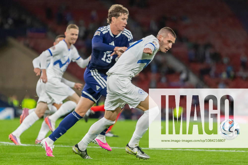 Scotland v Slovenia, UEFA Nations League Jack Hendry of Scotland national team, Nationalteam is held off by David Zec of Slovenia during the UEFA Nations League League B Group B1 between Scotland and Slovenia. Barclays Hampden, Hampden Park, Glasgow, Scotland. 6 October 2026. Hampden Park Barclays Hampden Glasgow Scotland Editorial use only ,