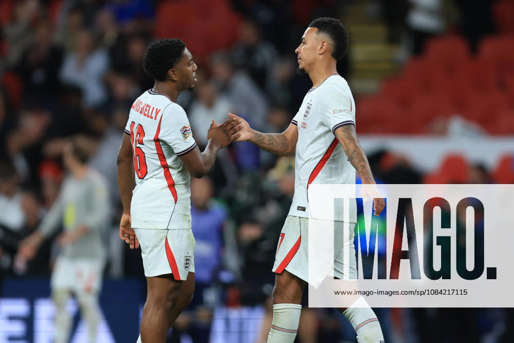 England v Czechia - UEFA Nations League 2026 27 Group A3 MD4 Myles Lewis-Skelly of England and Morgan Rogers of England celebrate after winning the UEFA Nations League 2026 27 group phase match between England and Czechia at Wembley Stadium on October 6, 2026 in London, England. London Wembley Stadium England United Kingdom